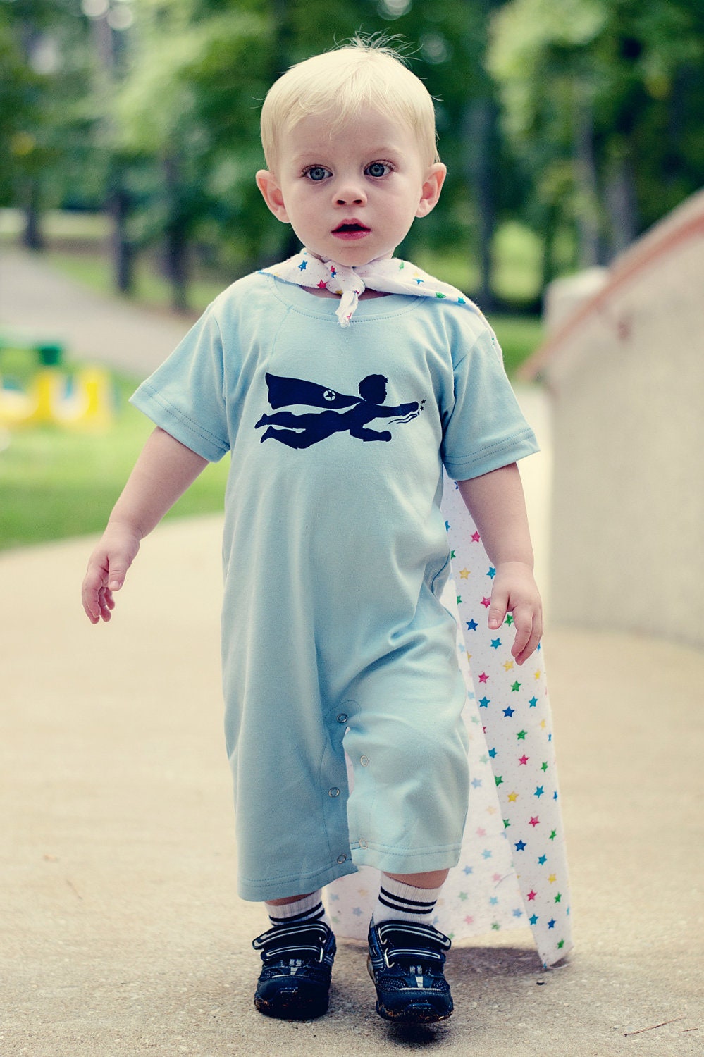 Super Hero Nostalgic Graphic Tee Onesie / Romper in Short Sleeves - Sky with Navy