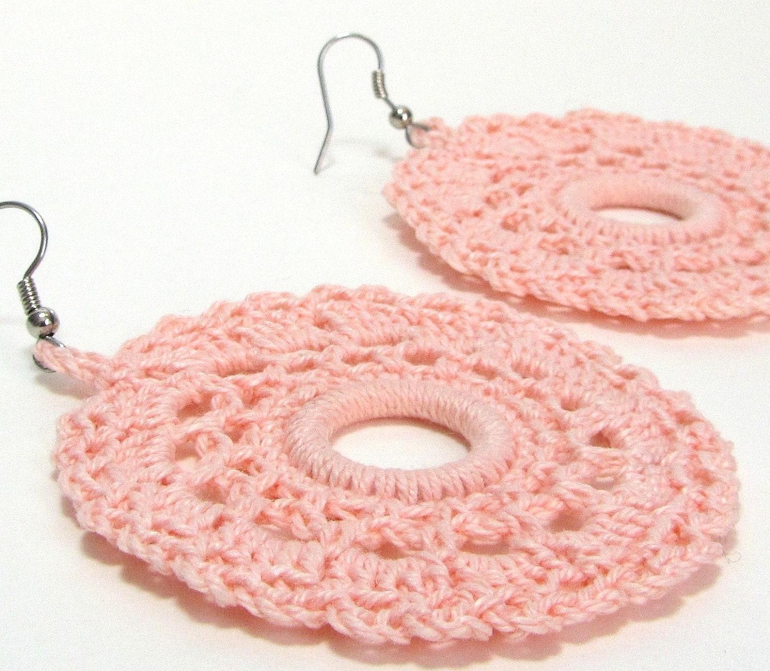 Circle Earrings Pink Lace Doily Crochet Jewelry Peach Apricot Large Round Dangles Pastel Fashion Accessory Handmade by Lilena