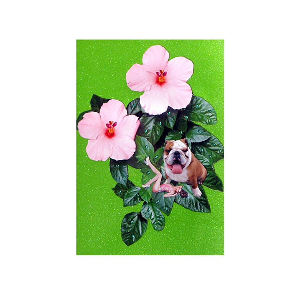 bulldog,pet portrait, pet collage,green, home decor, shabby chic, woman dog,pink flowers,animal art,tagt team