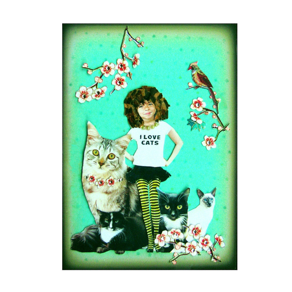 cat collage,cat girl,blue,shabby chic, home decor,pet portrait, cat portrait, tagt team,cat art, blue greeneen