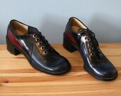 Vintage 60s Shoes Mod 1960s Chunky Color Block Heels Black Navy Blue Red Lace Up Oxfords 7 1/2 or 8