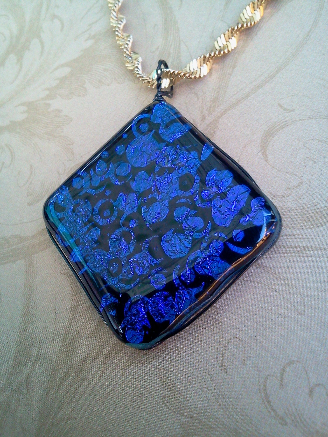 Fused Glass Dichroic Necklace in Blue/Purple Dichroic on Black, SRAJD