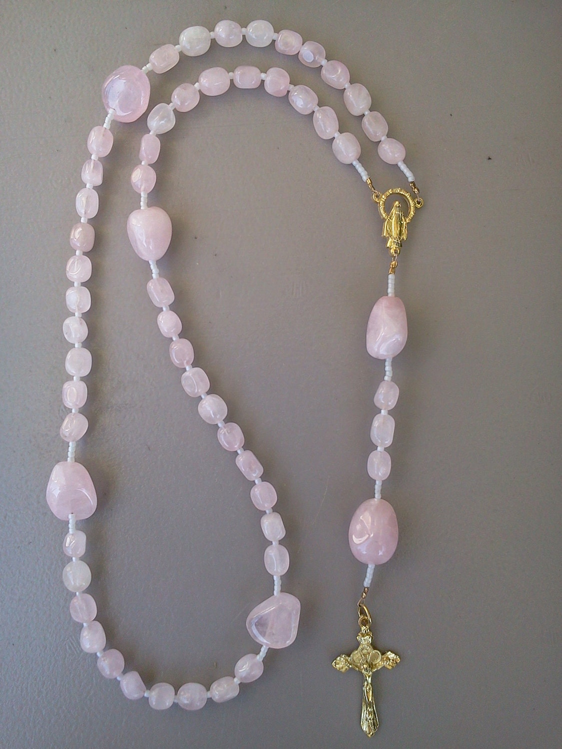 Handmade Rosary Pink Rose Quartz, Gold Crucifix, Catholic Rosary in Pink, SRAJD