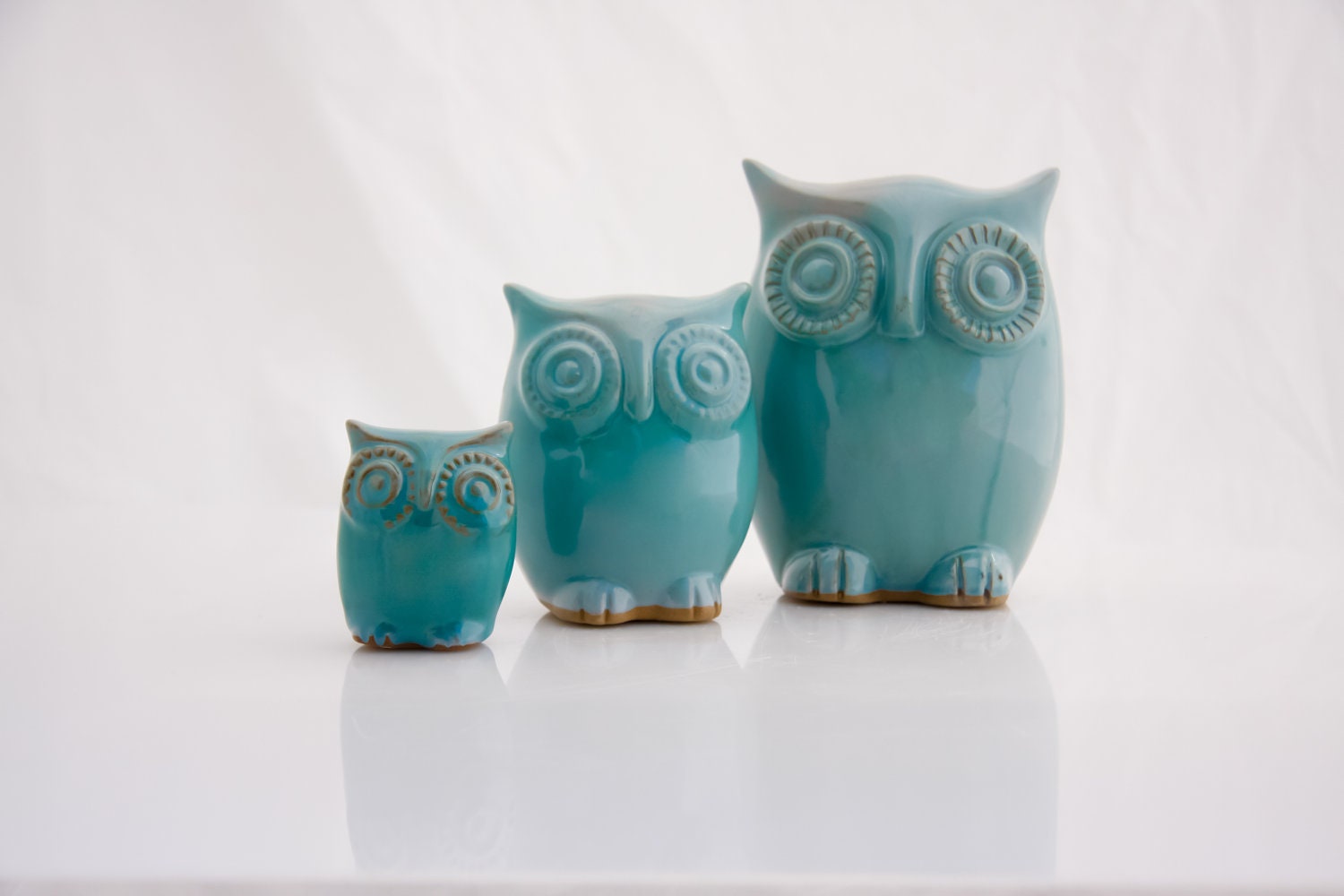 Owl family of three in robins egg blue
