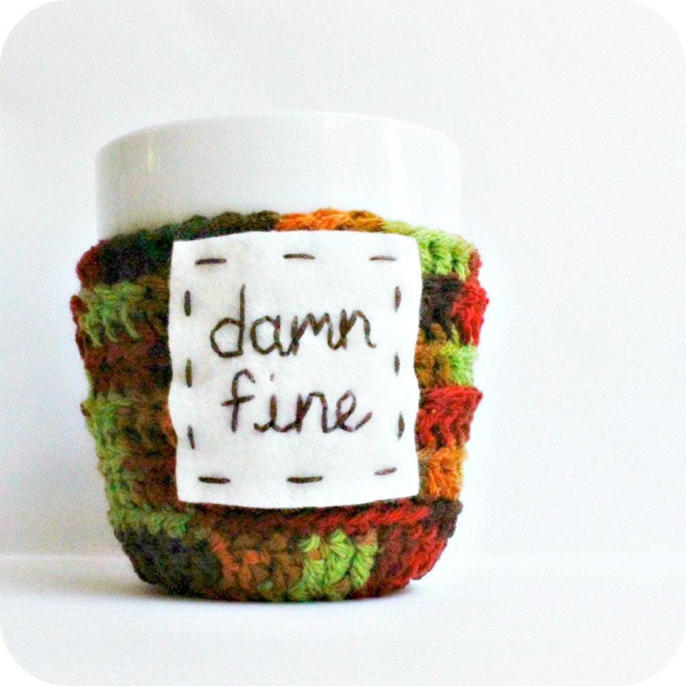 Damn fine coffee cozy mug cozy tea cup cosy brown green white crochet funny mug autumn fall thanksgiving halloween cover