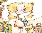 Children Art Print. VINTAGE Traveler at a Crossroad. PRINT 8X10. Nursery Art Home Decor