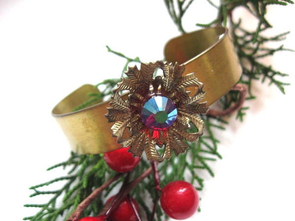 SALE - Festive Vintage Brass Cuff with Snowflake Stamping - Winter Rosette and Crystal Cuff Bracelet