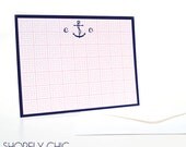 Monogrammed Pink Greek Key and Navy Anchor Notecard Set