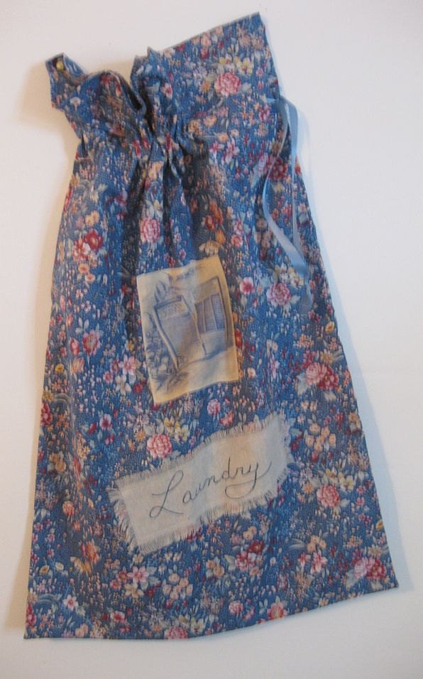 Laundry Bag, Vintage Style, Cottage Shabby Chic, Blue Floral Print, Lingerie Bag