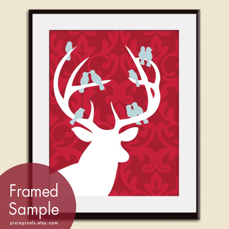 Deer Head with Birds on Antlers 11x14 Print  (Featured in Apple Red with Glacier Blue Birds) French Country Inspired (Customizable Colors)