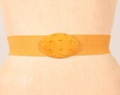1980s Mustard Yellow Belt / Stretchy Elastic Waist Cinch w/ Studded Suede Buckle - Womens S / M - 80s Cinch Belt