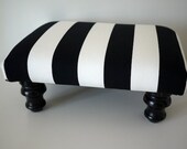 Wide Black and White Striped Footstool Ottoman