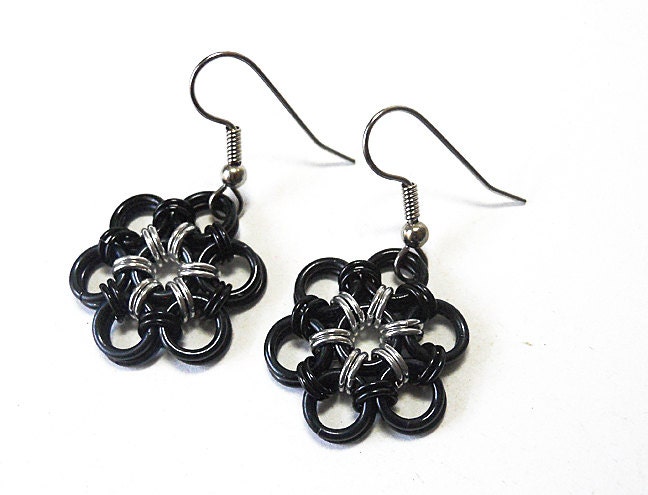 Black flower earrings, Japanese 12 in 2, Chainmaille earrings