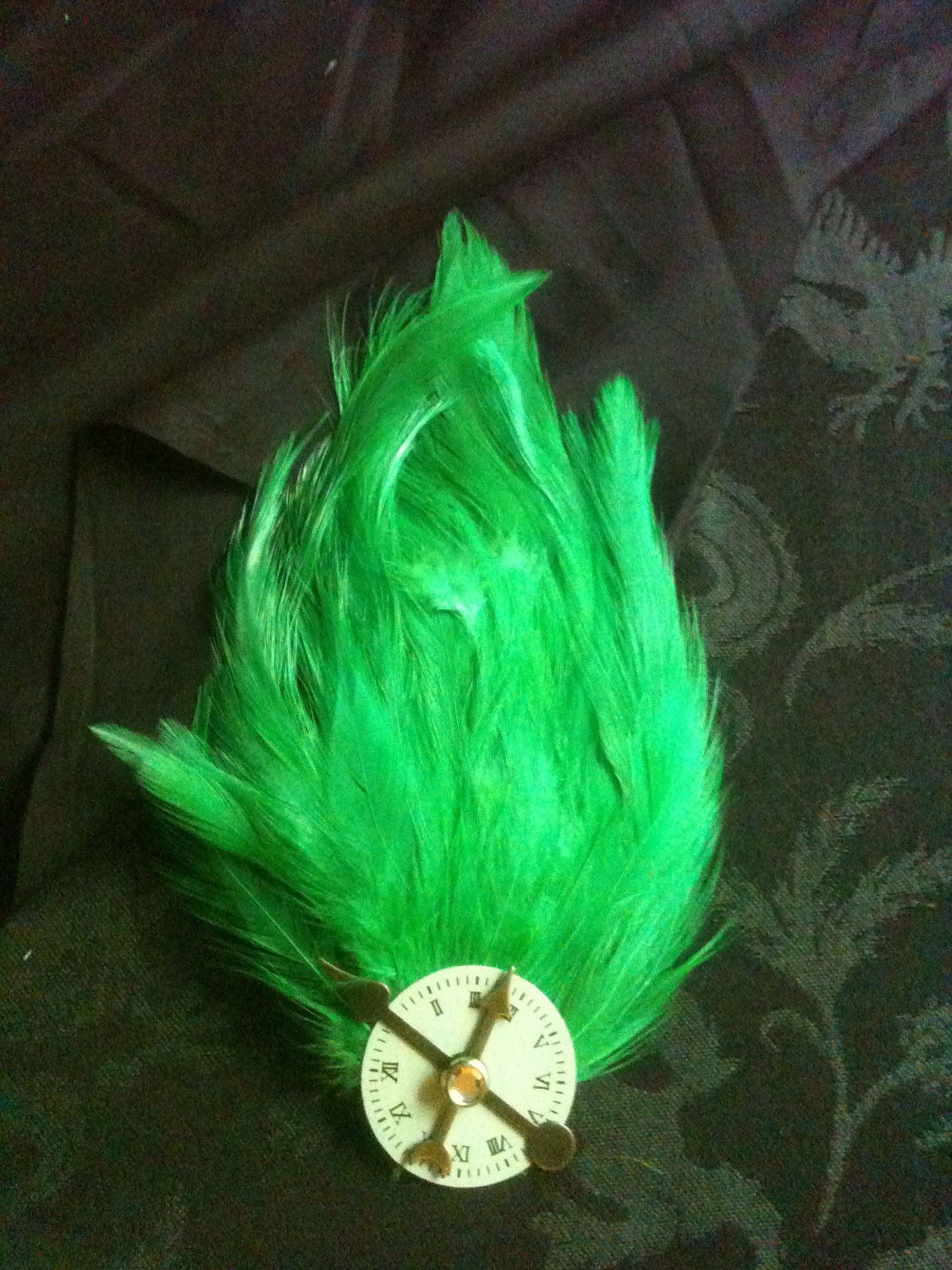 Steampunk Feather Clock Face Fascinator Barrette - Lime