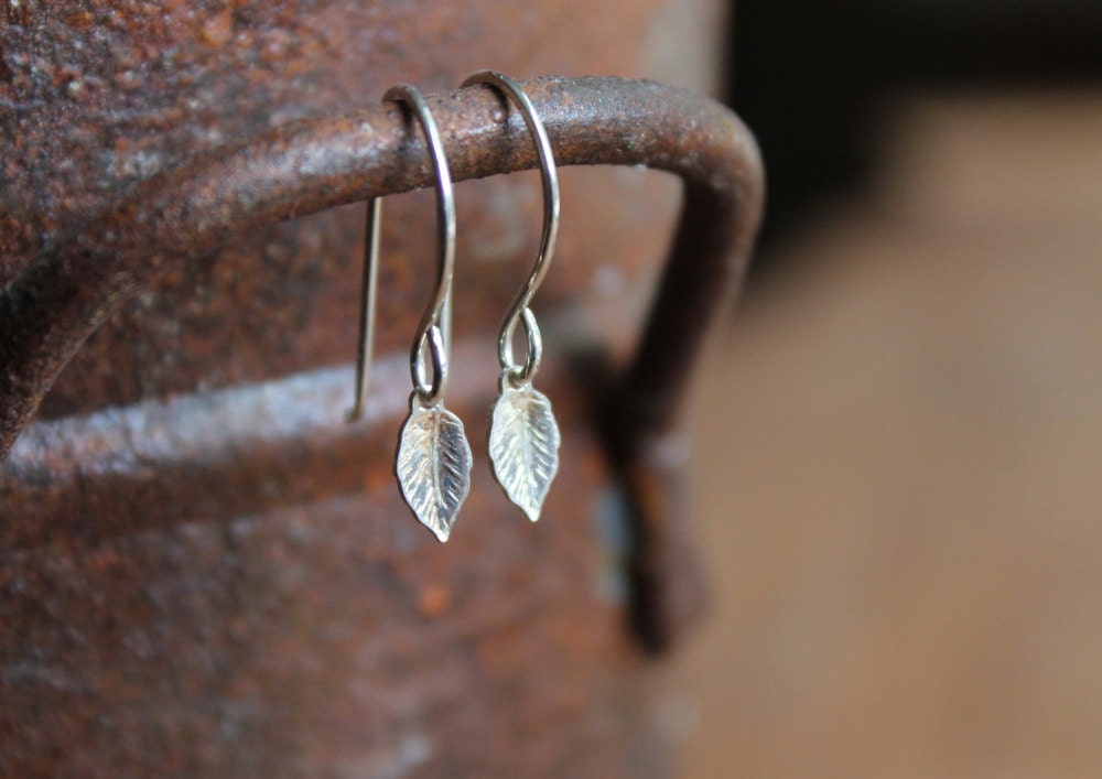 Hudson Valley Tiny Sterling Silver Leaf Dangle Celebrity Earrings on Sterling SIlver Ear Wires