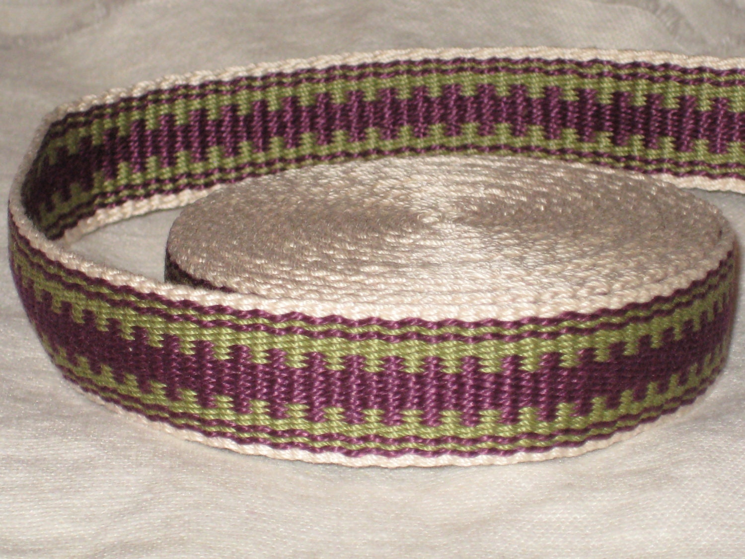 Cream, purple, and sage green hand woven inkle trim (over 14 feet)