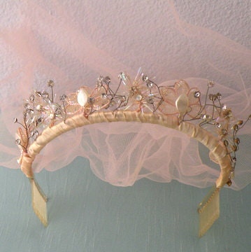 RESERVED for LIZ, Vintage 1950s Pink Chiffon Headband with Rhinestones for Wedding Bridal Veil or Princess Birthday Party -- Free Shipping