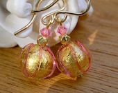 Pair of Gold Leaf Venetian Glass Bead Earrings with Pink Stripes
