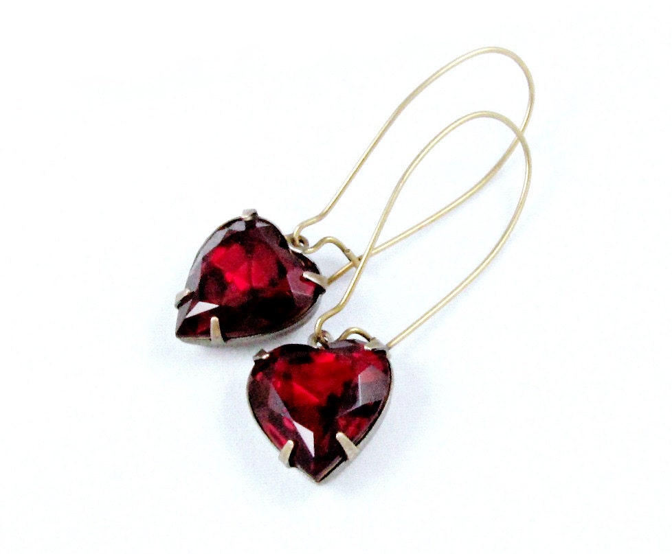 Red Heart Earrings Garnet Earrings Rhinestone Earrings Vintage Glass Jewels Romantic Old Hollywood Glamour Valentine - Hearts