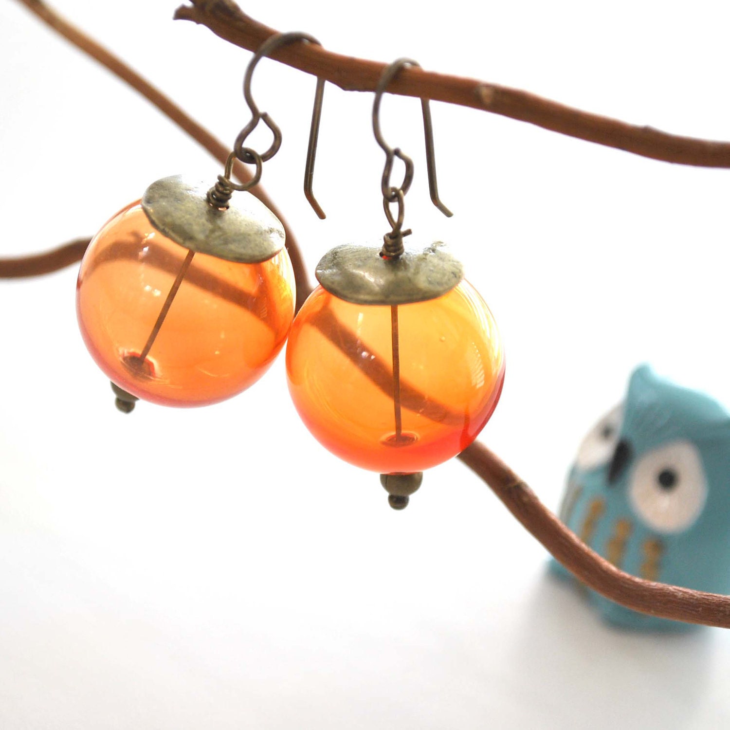 Transparent Pumpkin Orange Halloween Ball Earrings, Light Weight Glass Earrings