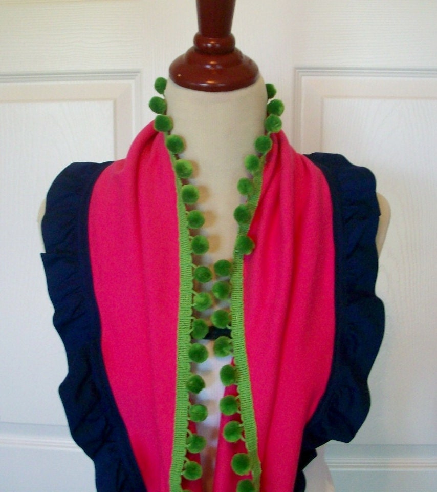Ruffle Scarf in Pink with Lime Green Pom Poms and Navy Ruffle