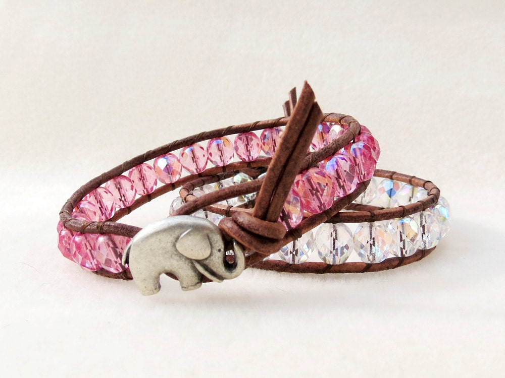 Bubblegum Pink Leather Wrap Boho Bracelet, Shabby Chic, Lucky Baby Elephant, Handmade Leather Jewelry by CreativeGypsy on Etsy
