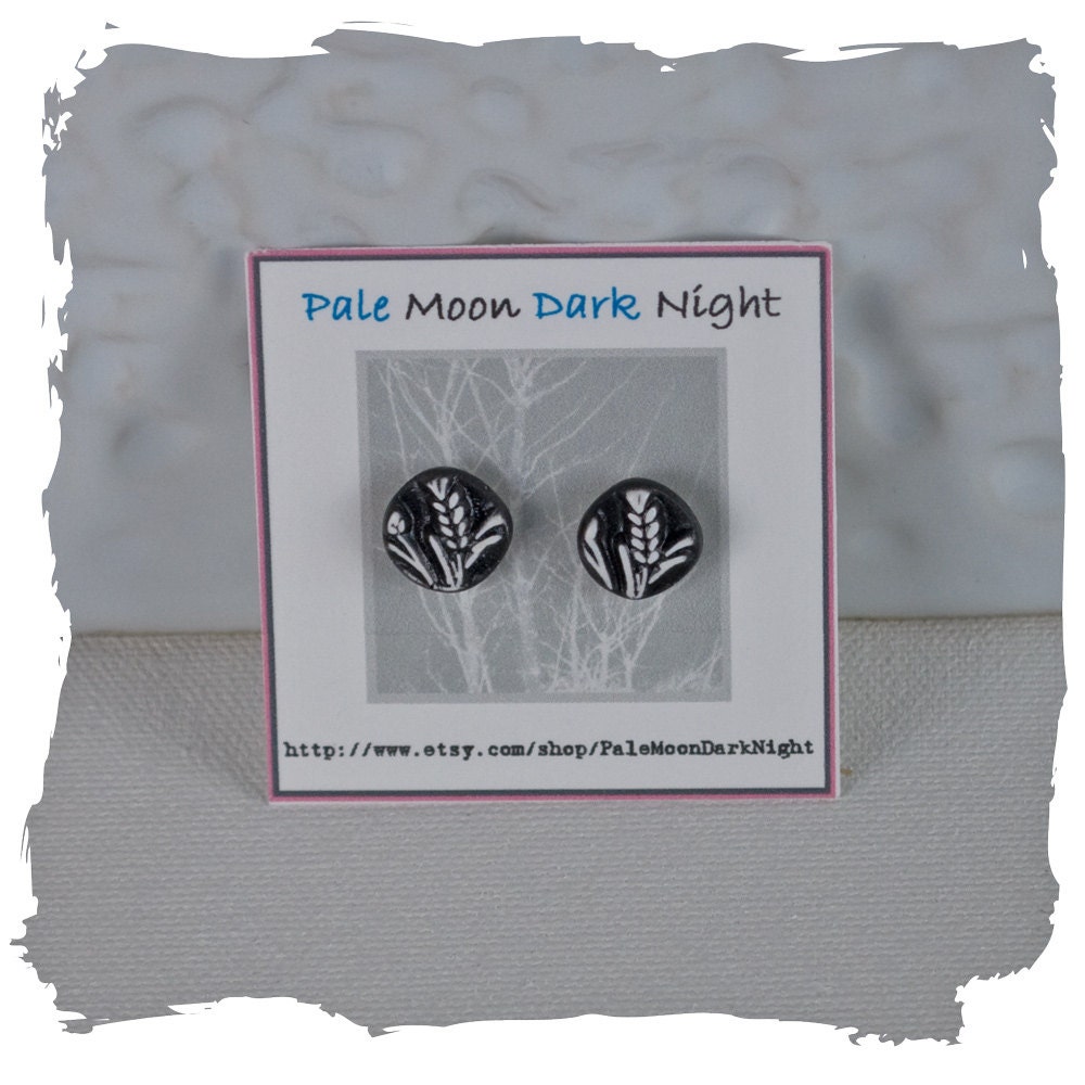 Black and white Post Earrings with Wheat Field Scene