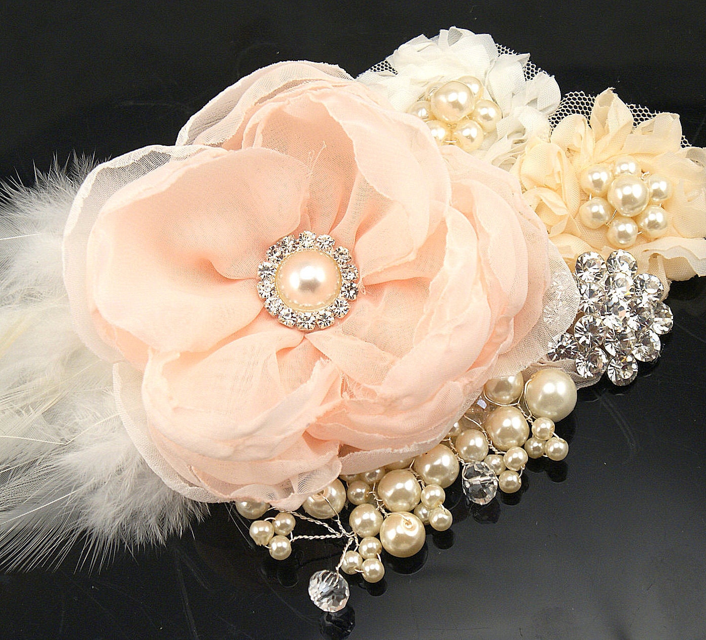 Bridal Hair Fascinator Clip in Peach, Blush and Ivory with Feathers, Crystals Pearls and Chiffon