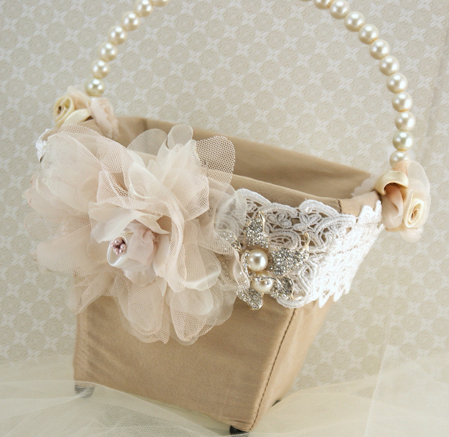 Flower Girl Basket Bridal Basket in Ivory, Blush Pink, Nude and Champagne with Dupioni Silk and Crystal Brooch Vintage Touch