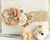 Lace Wedding Guest Book and Pen Set LARGE in Champagne, Nude and Ivory with Lace and Pearls