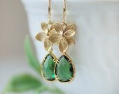 Emerald earrings, May birthstone jewelry, Emerald green earrings, Emerald jewelry, Emerald and gold earring, Green drop earrings