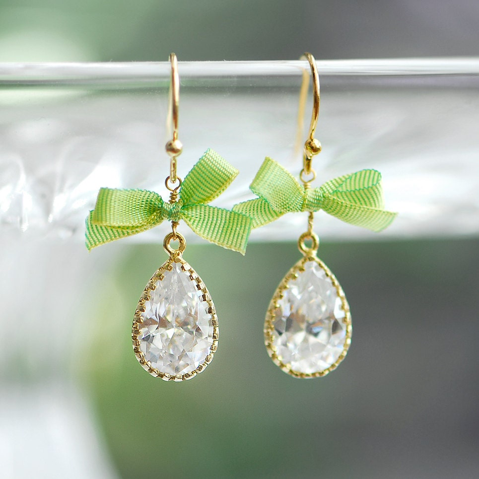 Green earrings, Textile jewelry, Ribbon earrings, Green wedding, Green Crystal drop earrings, Bow earrings, Lime green earrings