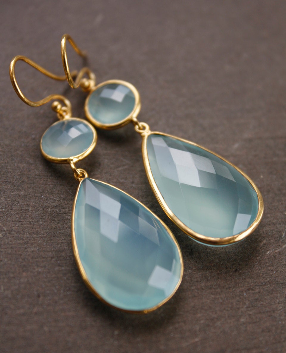 Gold Aqua Chalcedony Earrings - Sea Green, Mint - Teardrops, Something Blue