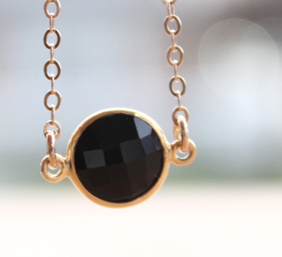 Gold Black Onyx Gemstone Necklace - Mini Bezel Necklace - Black and Gold - OhKuol