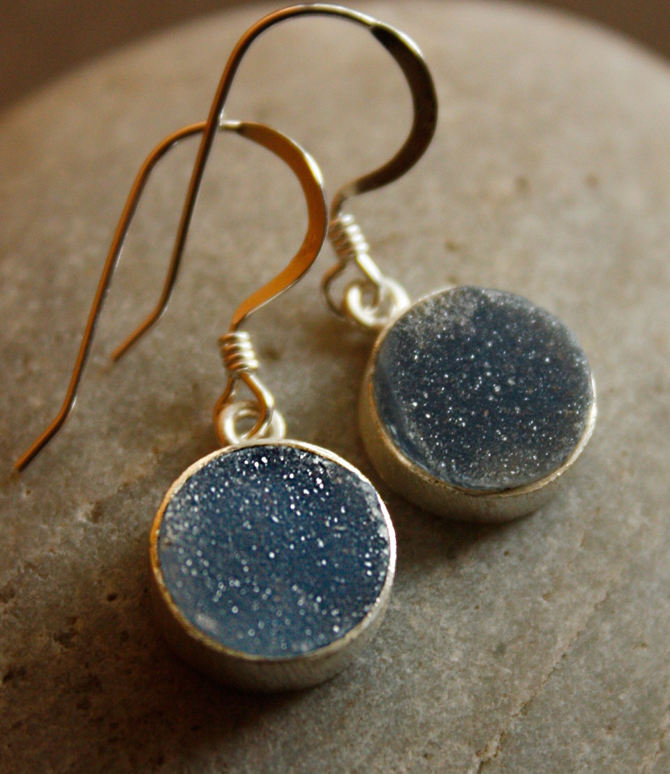 Charcoal Grey Druzy Earrings - Geode Earrings - Sterling Silver