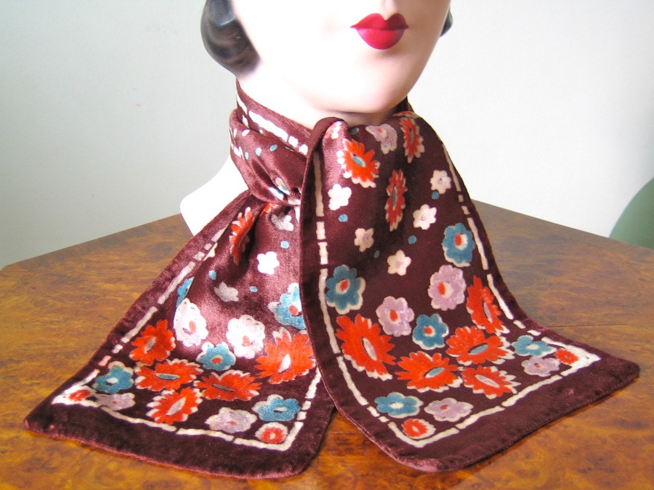 1930s scarf Stunning chestnut brown with daisies in orange aqua lilac and white