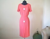 1950-60s dress Wiggle stunning salmon pink boucle cotton dress with Giant MOP buttons 28 waist