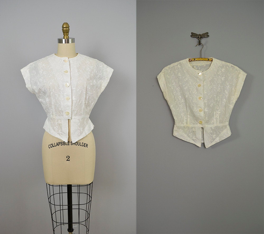 1940s Blouse / 40s Peplum Open Work Embroidered Cotton Blouse