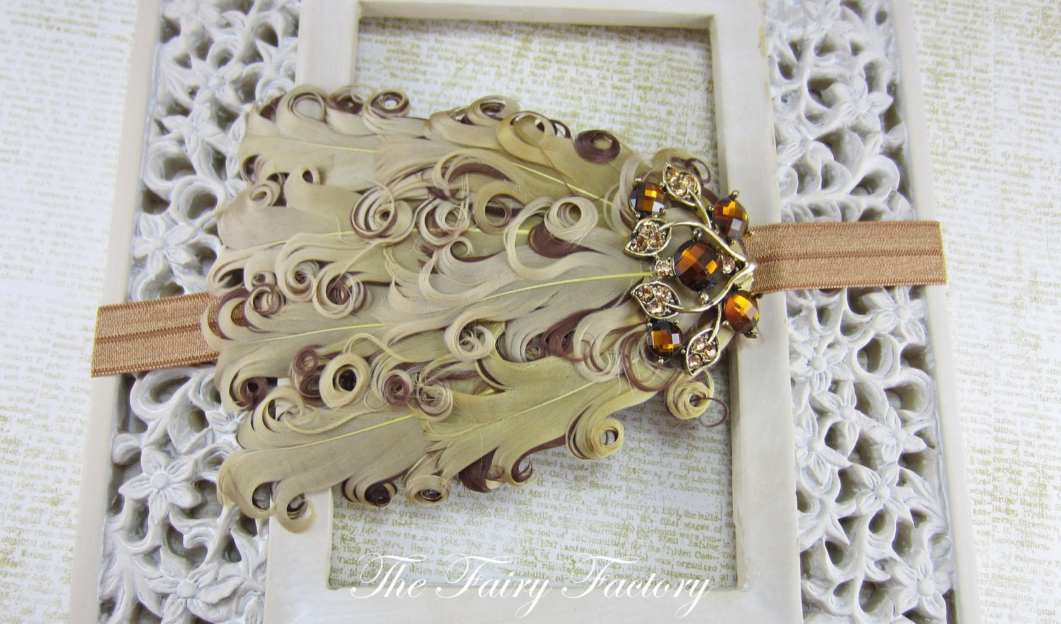 Brown and Gold Feather Headband, Shades of Brown, Beige & Gold Feather Headband w/ Large Crystal Accent - Baby Toddler Child Girls Headband