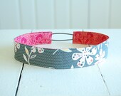Handmade Fabric Reversible "Skinny" Headband - Gray Floral with Red Damask