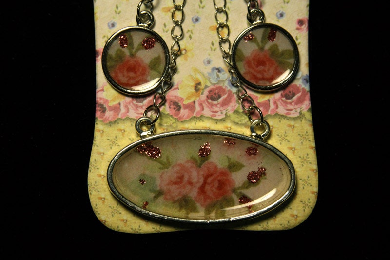 Pink Cottage Roses Hook/Dangle Earrings, Large Oval Pendant Necklace Set, Silver Finish - FREE SHIPPING