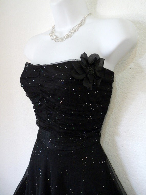 SALE Vintage 80s  Black Tulle Dress Strapless Sweetheart Sparkle Cocktail Party Dress Ruby Rox Pin-up Party Cocktail Dress S