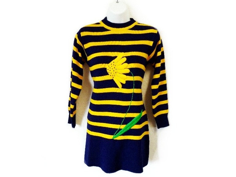 SALE Vintage Sweater Dress navy and yellow striped with large Dandelion fllower pattern. Slouchy Sweater.