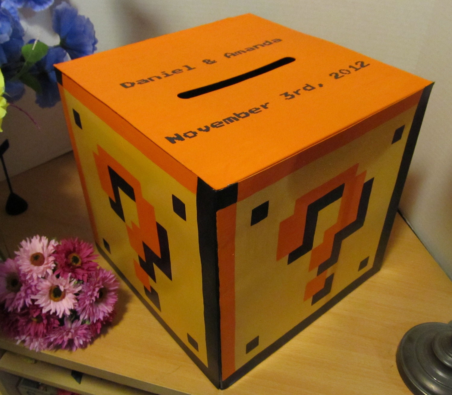 Original Retro Super Mario Bros style question mark mystery block box LARGE 12x12x12" Handpainted Cardboard Wedding Card Box
