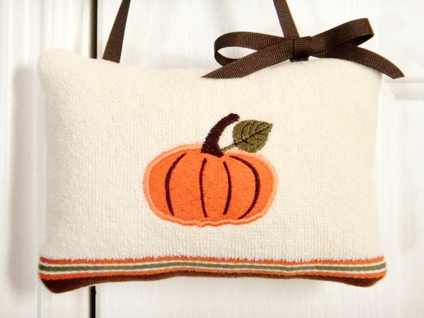 Pumpkin Door Hanger Pillow Halloween Fall Orange Green Brown Cream Decorative Repurposed