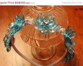 ON SALE Blue Beaded headband, swarovski beads, blue flowers, on white satin headband, perfect for a bride or bridal attendants