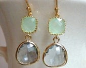 Cool Mint Green and Gray Glass Dangle Earrings. Color Block Earrings. Bridesmaid Earrings. Wedding Earrings.