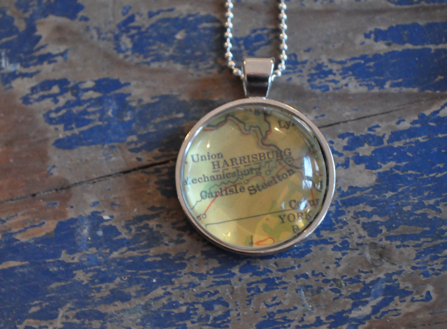 Map Pendant Necklace from Vintage Atlas Harrisburg Pennsylvania PA