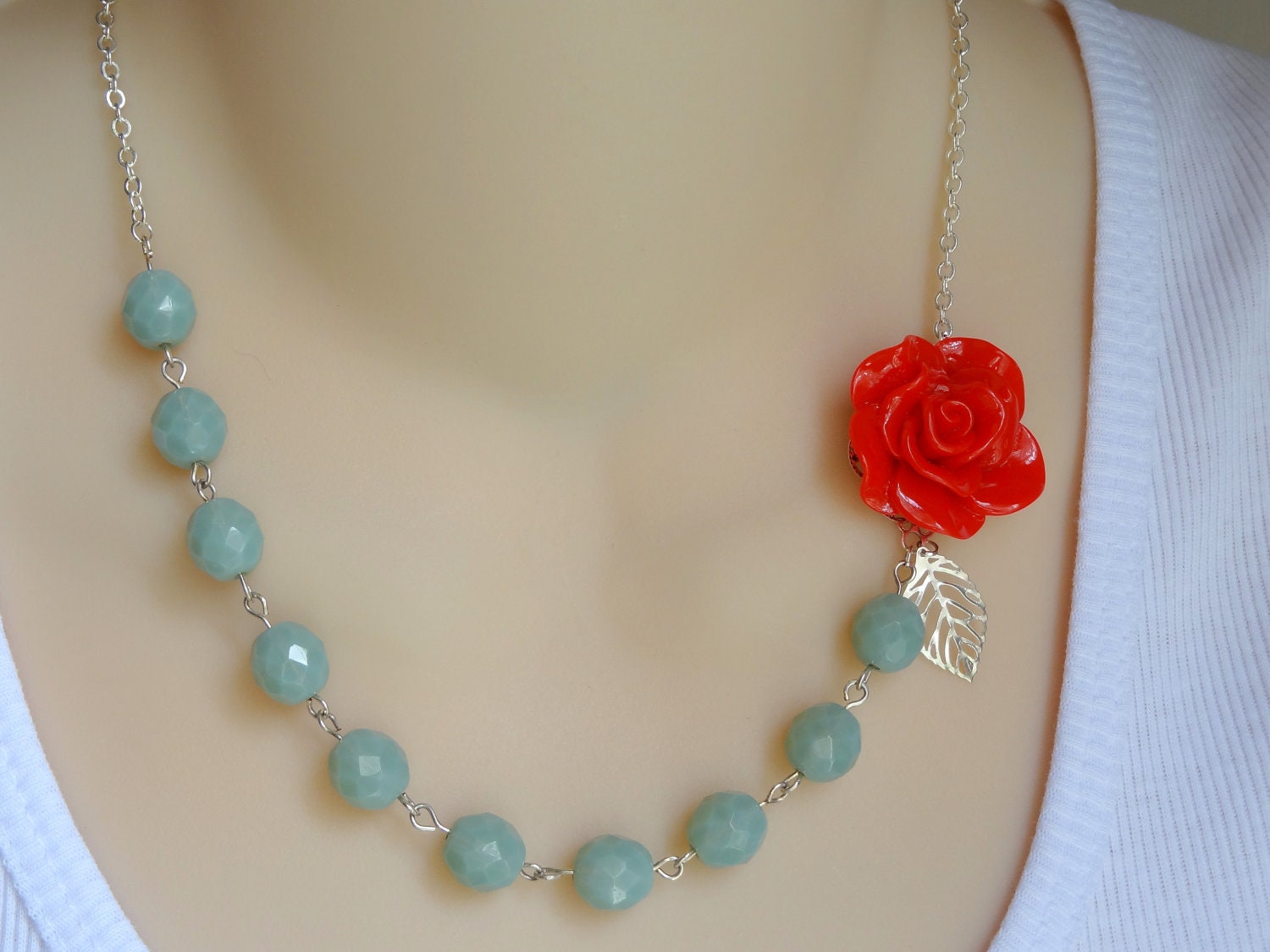 Red Rose Asymmetrical Bridesmaid Bridal Flower Floral Statement Necklace Faceted Milky Green Czech Beads Silver Cable Chain Gift Leaf