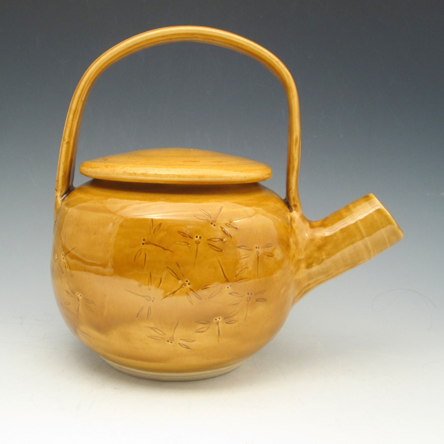 Pottery Teapot with Dragonflies in Yellow